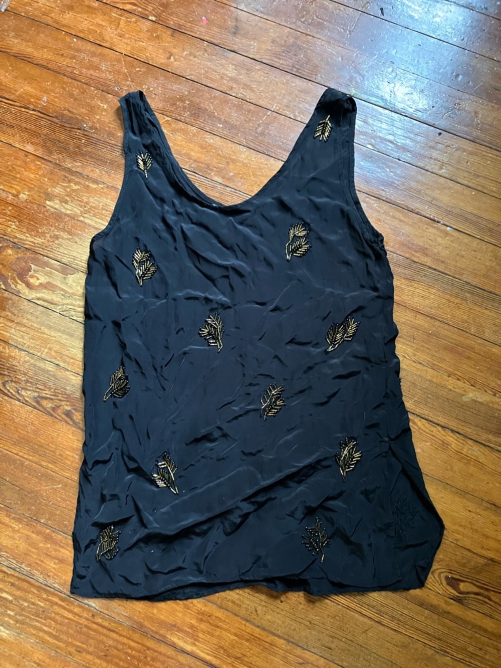 Black Silk Hand Beaded Scoop Neck Tank